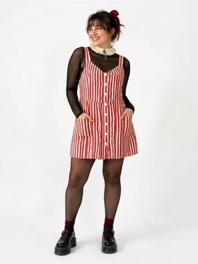 STOP Red & Cream Linen-Feel Striped Button Front Mini Sundress Size Large